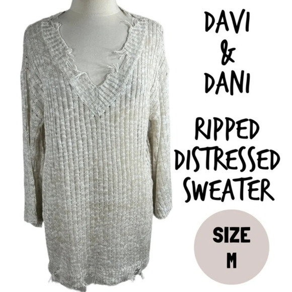 Davi & Dani y2k distressed frayed ripped v neck sweater cream oatmeal - Picture 1 of 9